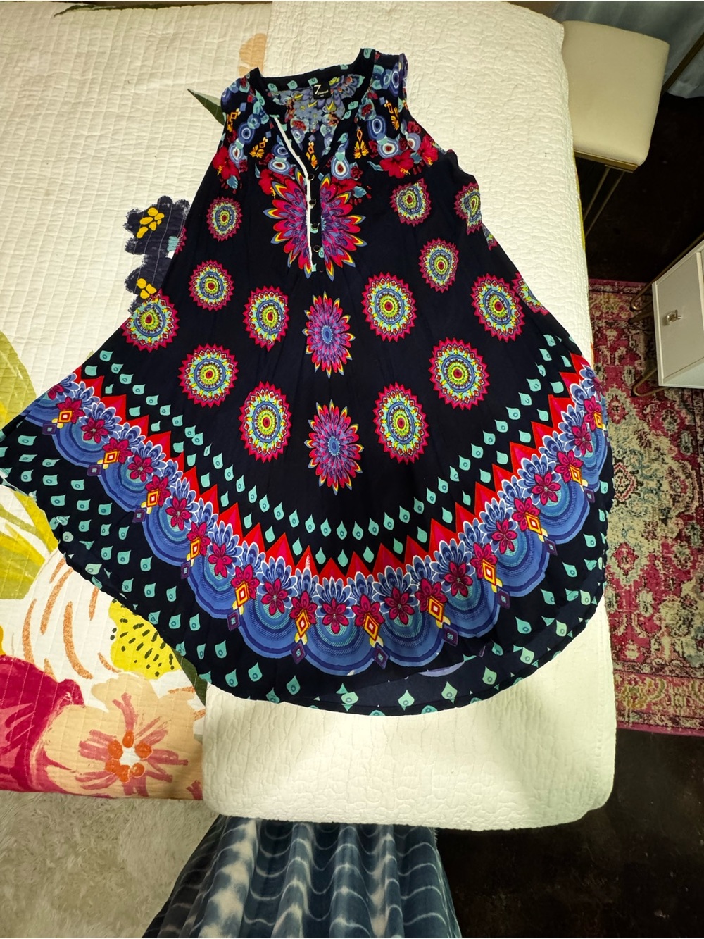 Vibrant Mandala Print  Dress - Navy with Multicolor Accents